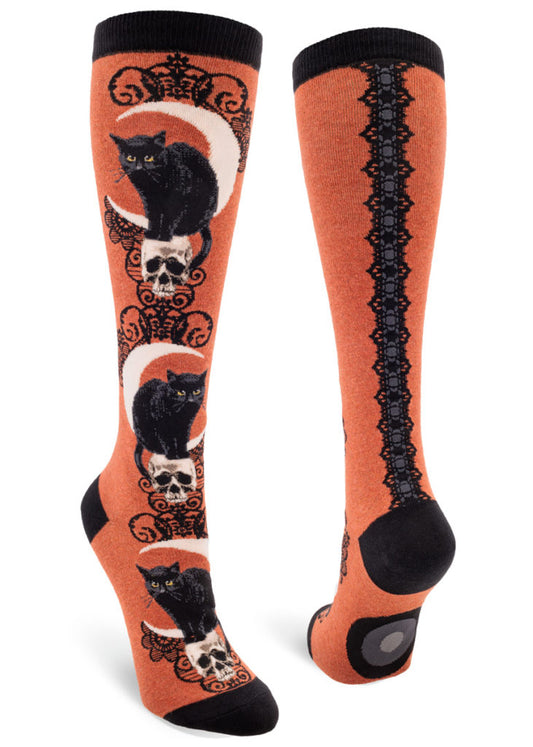 Women's Knee High Sock - Black Cat Moon in Orange