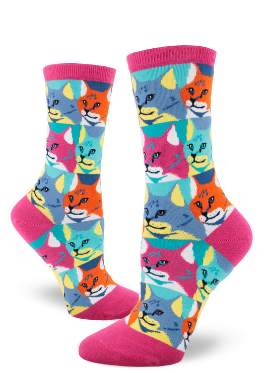 Women's Crew Sock - Magenta Pop Art Cat
