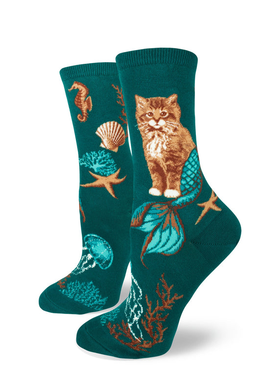 Women's Crew Sock - Teal Purrmaids