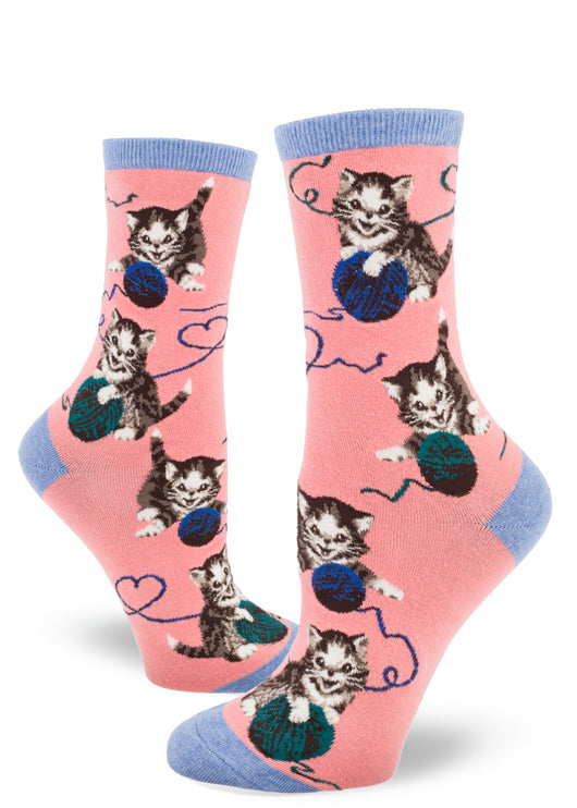 Women's Crew Sock - Kittens with Yarn in peach